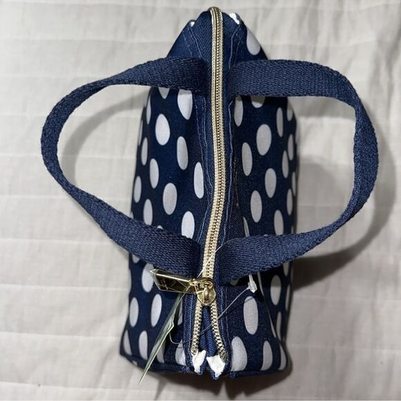 kate spade Navy White Jumbo Polka Dot Gold Tone Zip Lunch Bag - Picture 6 of 9